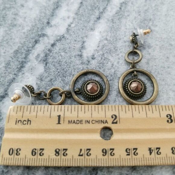 Boho Circular Drop Post Earrings, Brown Rhinestones, Neutral Tones - Picture 4 of 5